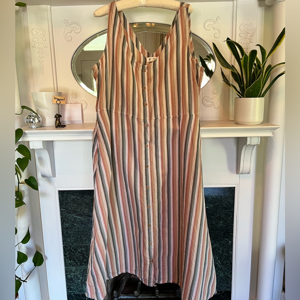 Pact Button-Front Multicolored Striped Organic Cotton Hemp Midi Dress - XL